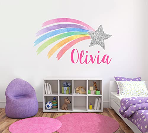 Rainbow Wall Decals - Shooting Star Custom Name Wall Decal - Personalized Name Wall Sticker - Pastel Rainbow Glitter Star Wall Art - Wall Decal For Girls Bedroom Nursery Decor #TOP4