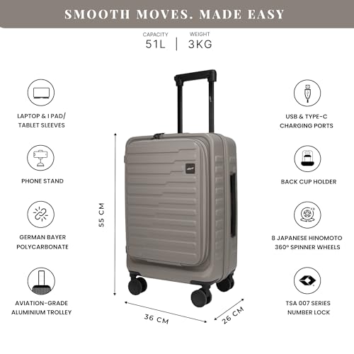 Image of F Gear Sedona Small Cabin Pro 54cm German Polycarbonate Hard Luggage|8 Japanese Hinomoto Silent Wheels| USB & Type-C Charging, Phone Stand & Cup Holder | Front Opening Suitcase for Travel (Taupe)