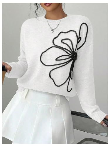 Image of RoseSeek Women's 3D Floral Appliques Crewneck Sweaters Long Sleeve Drop Shoulder Pullovers Elegant Knit Tops