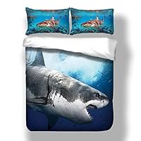 Loussiesd 3D Shark Print Duvet Cover Set Single Size Ocean Animal Style Children Kids Bedding Sets with Hidden Zipper Closure,Soft Comforter Microfiber Sea World Quilt Cover 2PCs(135x200cm)
