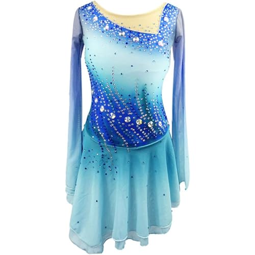 Vestido de patinaje artístico sobre hielo for niñas, manga larga, mujeres, piedras brillantes de diamantes de imitación, trajes de baile de competición degradados(XL)