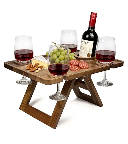 Piticco Portable Wine Picnic Table in Acacia Wood Wine Charcuterie Board with Glass Holders Outdoor Folding Wine Table for Beach Park & Indoor Use Gift for Wine Lovers
