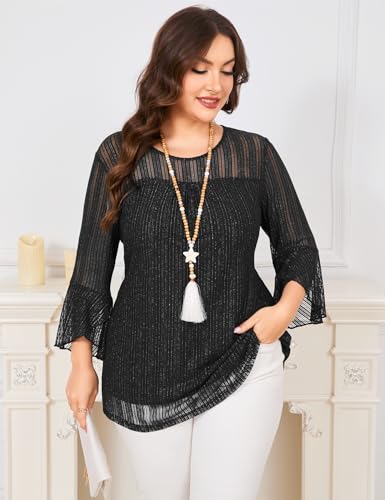 ZOMVA Women's Plus Size Ruffle 3/4 Sleeve Blouses Casual Elegant Dressy Crew Neck Double Layers Sparkly Mesh Tunic Tops2