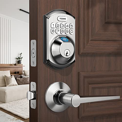 TEEHO TE002L Fingerprint Door Lock with 2 Lever Handles, Keyless Entry Deadbolt with Handle Set, Electronic Keypad Deadbolt for Front Door, Auto Lock and 1 Touch Locking, Satin Nickel - image 1