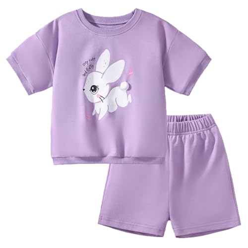 Gumyoss Mädchen Bekleidungsset Kaninchen Kurzärmliges T-Shirt und Shorts Set Kinder Sommer Outfit Lila Kleidung Set Mädchen Gr.98