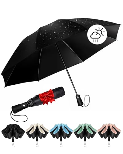 Chakipee Regenschirm Groß Sturmfest Kompakter Reise für Damen und Herren– Automatik Auf und Zu Taschenschirm Tragbarer UV-Schirm, Taschenschirme Schwarz 210T Beschichtung 97 cm Spannweite 8 Rippen