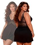 comeondear Plus Size Babydoll Lingerie for Women UK 20-22, Black Silky Lace Chemise Nightwear Set V Neck Nighties for Date Night Anniversary