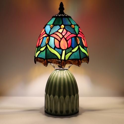 Hand-Welded Tiffany Stained-Glass Mushroom Table Lamp (12.5", Blue-Red Tulips) — view 8