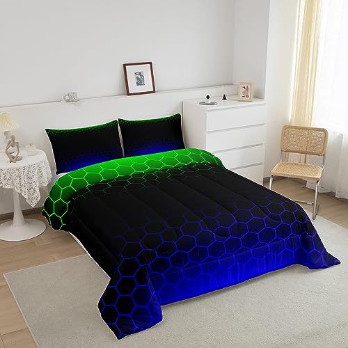 Image of Feelyou Ombre Honeycomb Comforter Set Queen, Green Blue Ombre Hexagon Bedding Set Beehive Hexagon Comforter Kids Toddler Stereoscopic Duvet Set with 2 Pillow Case