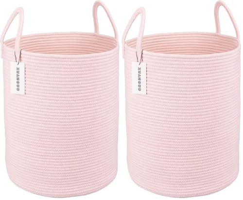 Image of XUANGUO Cotton Rope Laundry Basket Hamper for Girls Kids Baby Nursery Hamper Bin Woven Storage Basket for Living Room Girls room Boho Tall Rope Baskets for Blanket Toys Large light pink (Pack of 2)