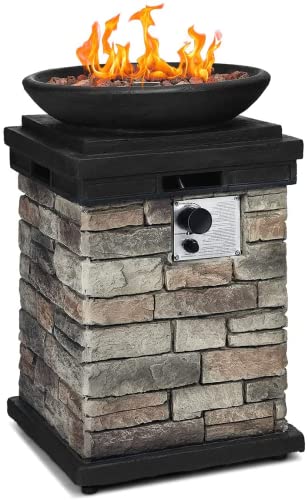 S AFSTAR Propane Firebowl Column, 40,000 BTU Outdoor Gas Fire Pit Realistic Look Firepit Heater w/Adjustable Feet, Free Lava Rocks & Raincover, Propane Fire Pit Table for Outside (Natural Stone)