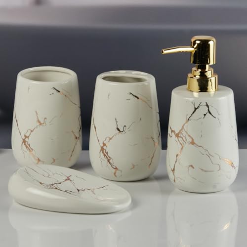 Image of Kookee Ceramic Beige & Gold Marble Bathroom Accessories Set of 4 (8842)
