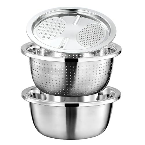 Juego de colador de cocina de acero inoxidable | Cuenco multiusos para frutas con rallador, cuenco de de alimentos de acero inoxidable, para el hogar, apartamento, hogar, cocina, restaurante