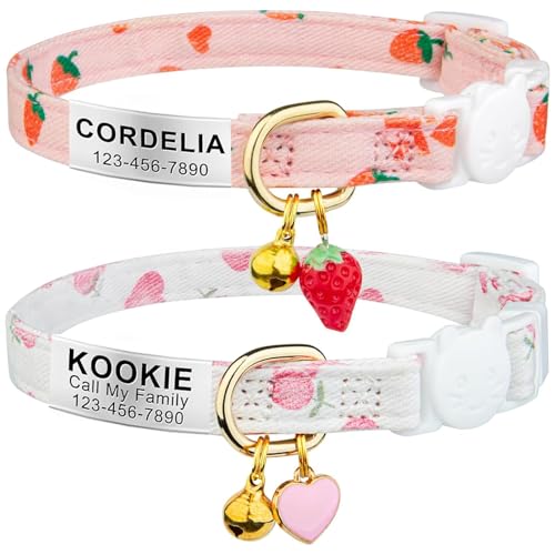 2 Pack Cotton Breakaway Cat Collar with Name Tag Personalized Pink Strawberries and White Heart Shaped Pendant Cute Kitten Cat Collar with Bell for Boy & Girl Cats (Pink&White)