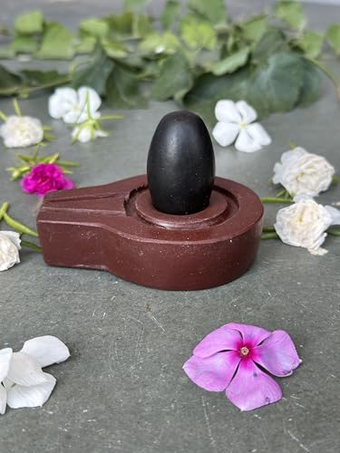 Image of Shivam VASTU AKAL 1.5 inch Original Narmadeshwar Narmada Shivling with 3 inch Narmada Stone Yoni Base Jaladhari (Black Shivling, Brown Flate Jaladhari)