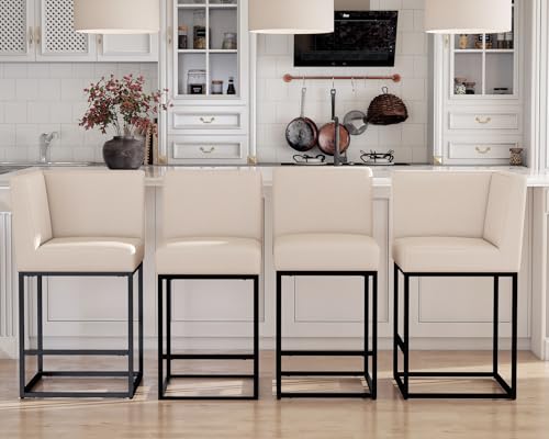 Image of HNY Modern Counter Height Bar Stools Set of 4, Linen Upholstered Contemporary Barstools with Back, 27 Inch Bar Chairs with Black Metal Frame for Kitchen Island, Cream