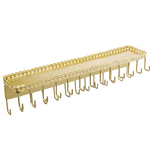 Mygift 26-Hook Gold-Tone Wall-Mounted Metal Jewelry Organizer With Display Shelf #TOP5