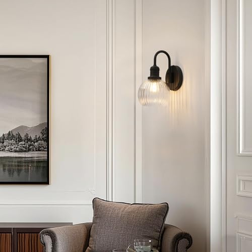 Image of Yosoan Boho Brass Vintage Bathroom Wall Sconce with Striped Shade, 1-Light Indoor Hardwired Vanity Wall Mounted Fixture with Double Hole Round Glass Lamp for Bedroom Kitchen Mirror Living Room(Black)