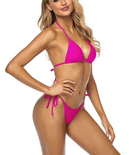 Tainehs Women's Sexy Halter Thong Bikini Tie Two Sides Bottom Triangle Bikini Swimsuits Rose Red #TOP3