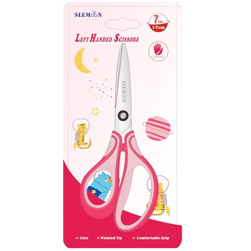 SLEMOON 7 Real Left handed Student Scissors for Kids Age 8~12 Pink