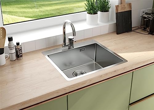 Faizee Home | Edelstahlspüle 50 × 55 cm Silber – Moderne eckige Küchenspüle aus Edelstahl inkl. Siphon-Set | Hochwertige Einbauspüle für Unterschränke ab 45 cm