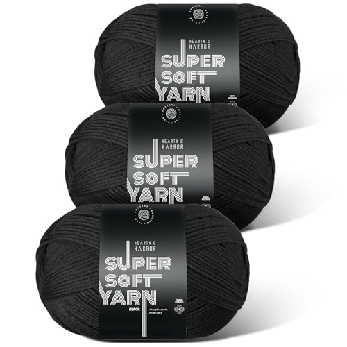 Image of Acrylic Yarn for Crocheting & Knitting - Soft Crochet Yarn for Crocheting, 3 Pack of 370 Yards, Perfect for Crafts & Amigurumi, Medium Worsted Weight 4, Black