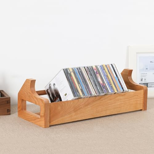 Stojak na płyty CD z litego drewna – 49 x 18,8 x 15,6 cm pulpit na płyty CD DVD, Blu-ray i dyski do gier wideo, stylowy stojak do przechowywania płyt z czarnego orzecha włoskiego do kolekcji płyt