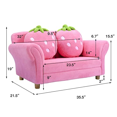 Kids Sofa, With 2 Cute Strawberry Pillows, Toddler Chair Armrest Chair Double Seats, Toddler Couch Lounge Bed 2 In 1, Wooden Frame And Coral Fleece Surface For Bedroom, Living Room, Baby Room #TOP2