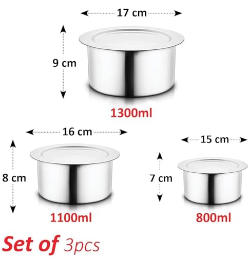 Image of Jensons Stainless Steel Tope Set with Lids | 3 Pieces | 800 ml to 1300 ml | Induction and Gas Stove Compatible Cooking Pots | Stackable Milk Pan Patila | Silver