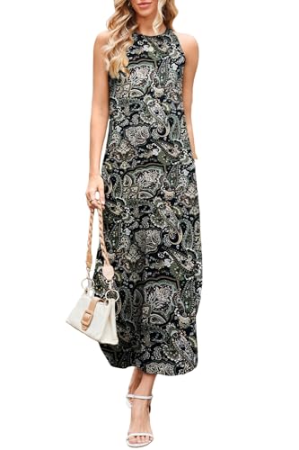 DUOEASE Sommerkleid Damen Basic Neckholder Maxikleid Elegant Split Gabel Maxi Strandkleid Luftig 2025-PaisleyGreen-L