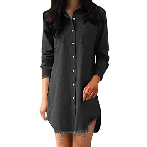 Women Denim Shirt Dresses Distressed Tassels Jean Dress Button Down Casual Tunic Tops 3/4 Long Sleeve Cowboy Mini Dress(Black,Large)