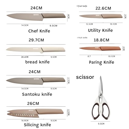 Image of 13-Piece Kitchen Knife Set | 6 Ceramic Coated Knives with 6 Blade Guards & Kitchen Scissors with Safety Cover | Chef, Santoku, Bread, Utility & Paring Knives | for Home & Restaurant Use | Multicolor