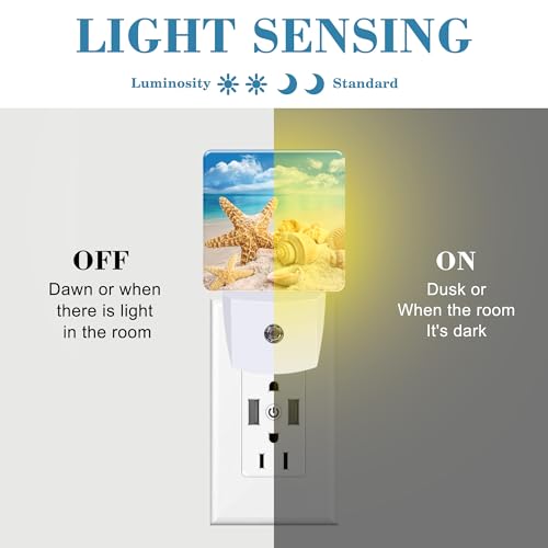 Image of Night Light Plug into Wall Starfish Seashells On Beach Night Light with Dusk to Dawn Sensor Night Light for Kid Girls Boys Women Men Room Decor, Hallway, Kitchen, Bathroom, Nursery, Stairs