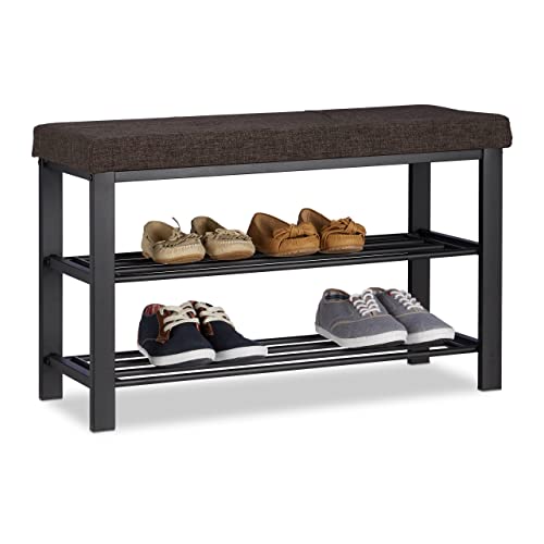 Relaxdays Banco Zapatero Moderno con 2 Niveles, Metal-Tela, Marrón, 50 x 81 x 32 cm