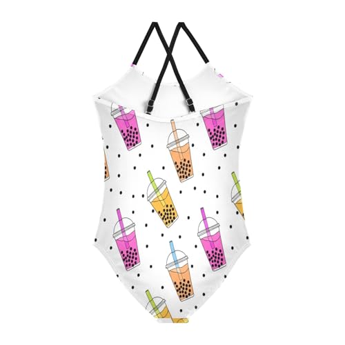 Cartoon Bubble Tea Girls' One-Piece Swimwear with Adjustable Shoulder Strap, Beach Bathing Suits Girls, 3-102