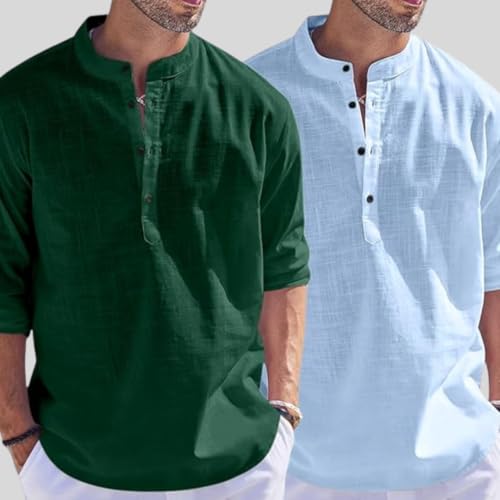 Image of Bellstone Men's Cotton Blend Straight Kurta Shirt Combo with Mandarin Collar - Slim Fit Casual Short Kurti Set Featuring Textured Slub Fabric and Roll-Up Full Sleeves