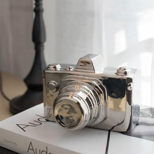 ORYNTIDE Silver Ceramic Vintage Camera Sculpture - Modern Home Decor for Living Room, Office, or Shelf Display, Elegant Gift for Photography Lovers - 6" x 5" x 4"