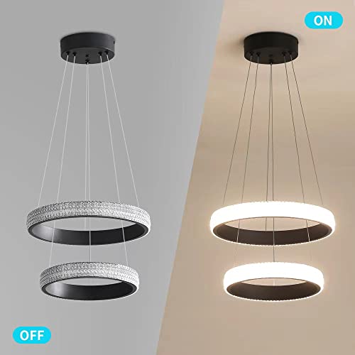 Vaziden Black Modern LED Chandelier, Acrylic Pendant Light Fixtures with 43-inch Adjustable Height Cord, 2 Ring 34W 4000K Chandeliers for Dining Room Living Room Bedroom Foyer Hall