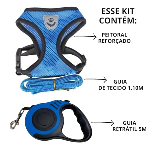Guia Retratil Select Pet 5m + Peitoral Select Pet Para Cães E Gatos (Azul, M)