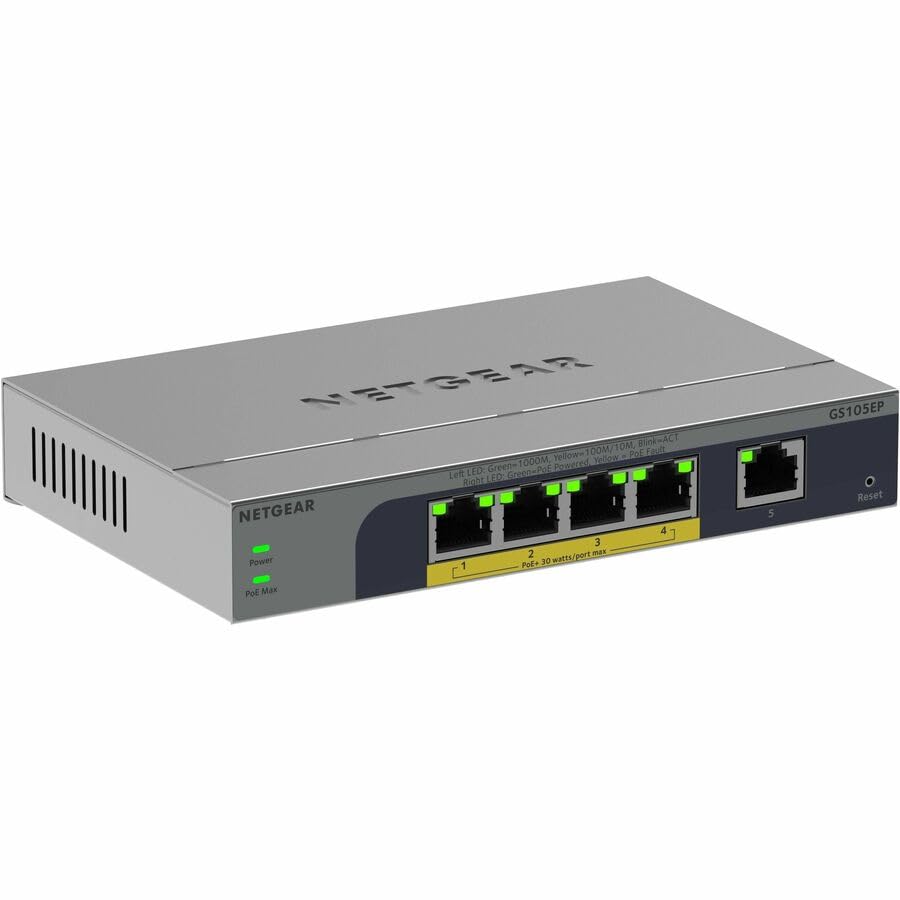 Image of NETGEAR 5-Port Gigabit Ethernet PoE+ Easy Smart Managed Switch - with 4 x PoE+ @ 63W, Fanless, Desktop or Wall Mount (GS105EP)