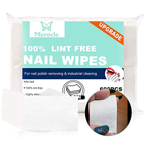 600PCS 100% Lint Free Nail Wipes Best Nail Polish Remover Cotton Pads Made of Natural Wood Pulp and Polypropylene Merocle Nail Wipes for Professional Soak Off Gel Polish Remover,Dust-free
