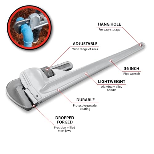 Image of Performance Tool W2136 36 in. Aluminum Straight Pipe Wrench | Heavy-duty plumbing tool. Precision milled and drop forged steel jaws. Strong, lightweight handle
