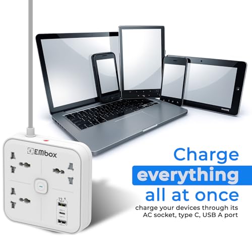 Image of Embox Extension Board with 5 Meter Cable | USB Ports 2 QC 1 PD and 3 Universal Sockets | Extension Cord with Overload Protector | 2500W Extension Board with Switches Safety Shutter LED Indicator
