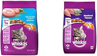 Whiskas Adult (+1 Year) Dry Cat Food, Ocean Fish Flavour, 480g Pack & Adult (+1 Year) Dry Cat Food, Mackerel Flavour, 480g Pack