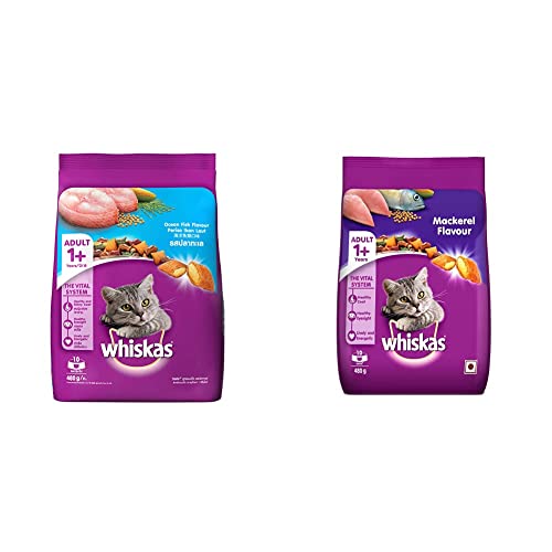 Whiskas Adult (+1 Year) Dry Cat Food, Ocean Fish Flavour, 480g Pack & Adult (+1 Year) Dry Cat Food, Mackerel Flavour, 480g Pack