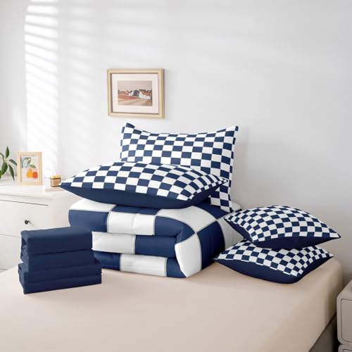 Image of Erosebridal White Blue Plaid Queen Comforter Set with Sheets 7 Piece Navy Blue Checkerboard Bedding Set for Kids Boys Teen,Checkered Grid Bed in A Bag Modern Aesthetic Geometric Bed Set