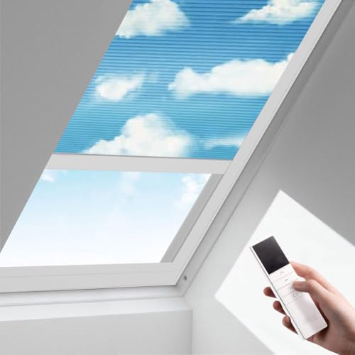 Zshine Motorized Cellular Shades Cordless Honeycomb Blinds Full Blackout Fabric Window Shades for Skylight (Blue Sky 93021I) Blue Sky Full Blackout