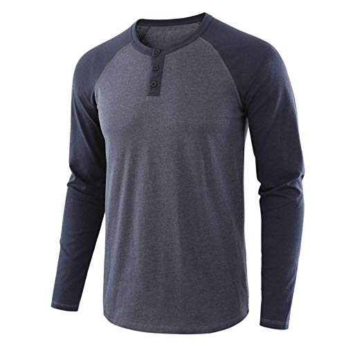 OutTop Henley Shirts for Men Color Block Long Sleeve Solid Patchwork Crewneck Button Down Casual Tees Polo Tops (Navy, XXXL)