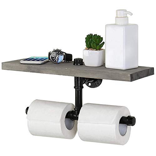TOPIND Industrial Wall-Mounted Dual-Pipe Toilet Paper Holder, Wall Mounted Toilet Paper Roll Holder with Wood Shelf Storage,for Bathroom,Washroom