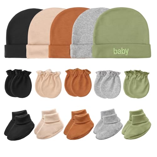 Image of DRESHOW Newborn Baby Hat Mittens Socks Set Infant Cotton Beanie Gloves No Scratch Thick Warm Socks for 0-6 Months Boys Girls